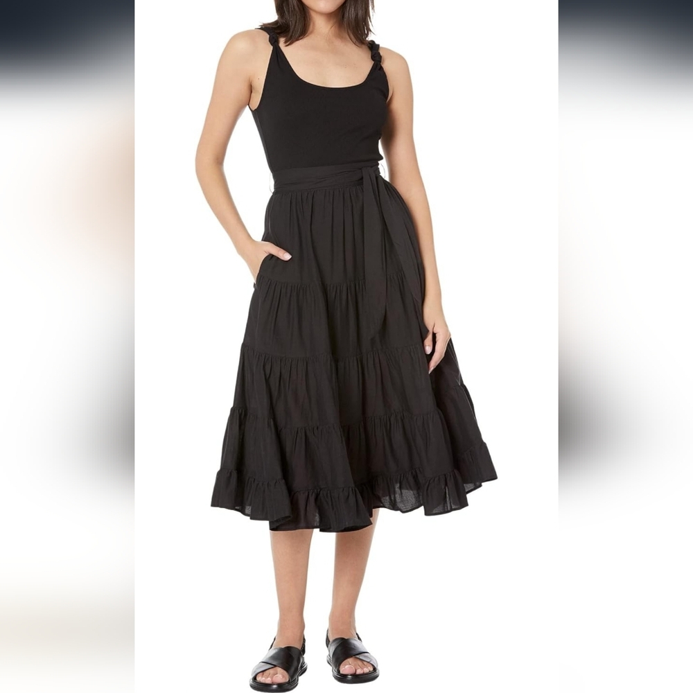 Paige Samosa Ribbed Knit Mixed Media Tiered A-Line Midi Dress in Black Size M